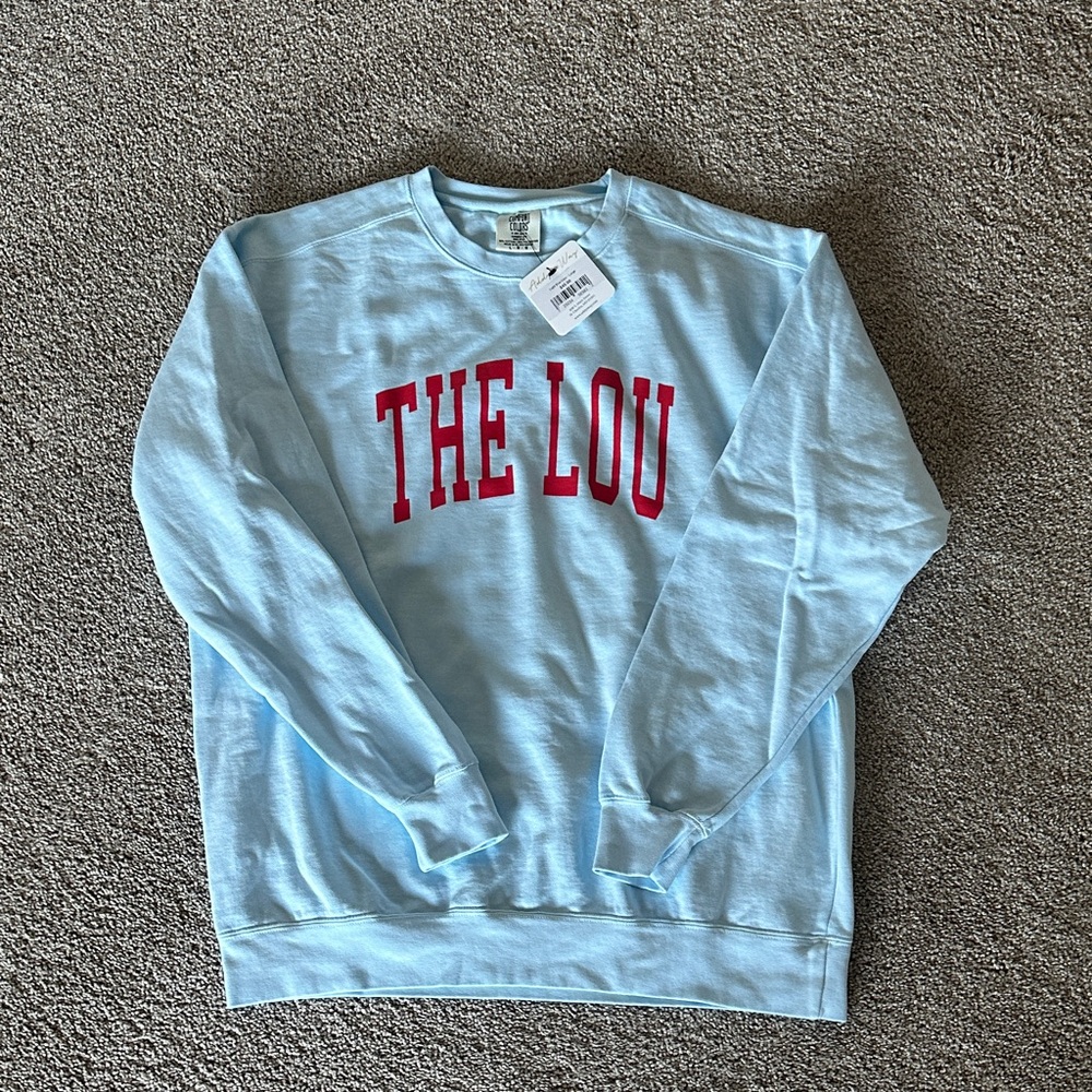 Light Blue Crewneck Sweater with Red Print